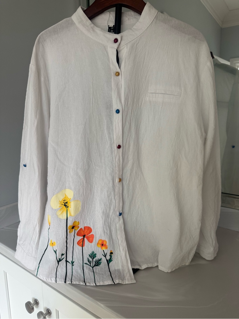 Women’s Hand-painted Boutique Floral Mandarin Collar Shirt US XL